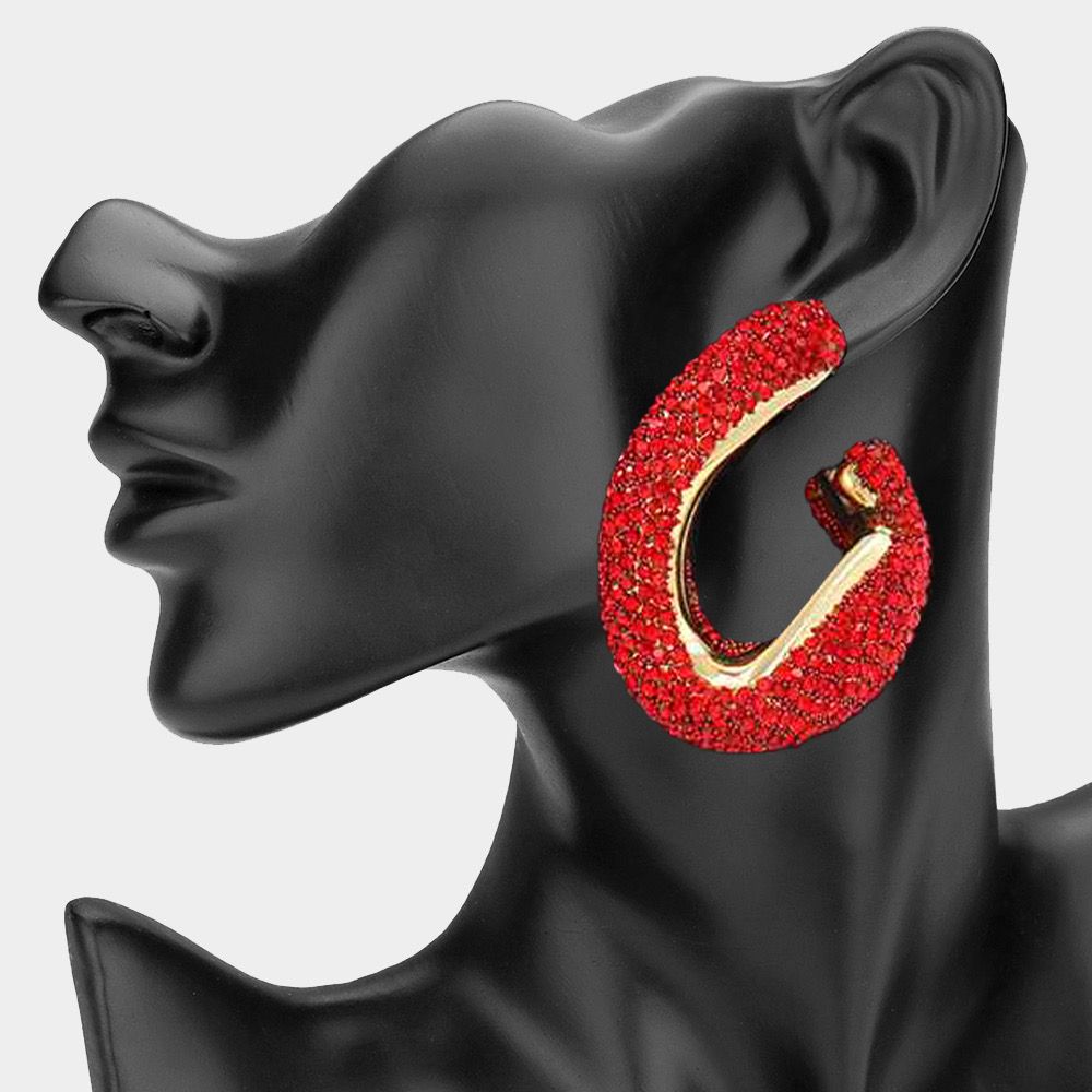 Red Oversized Rhinestone Studded Twisted Open Teardrop Evening Earrings