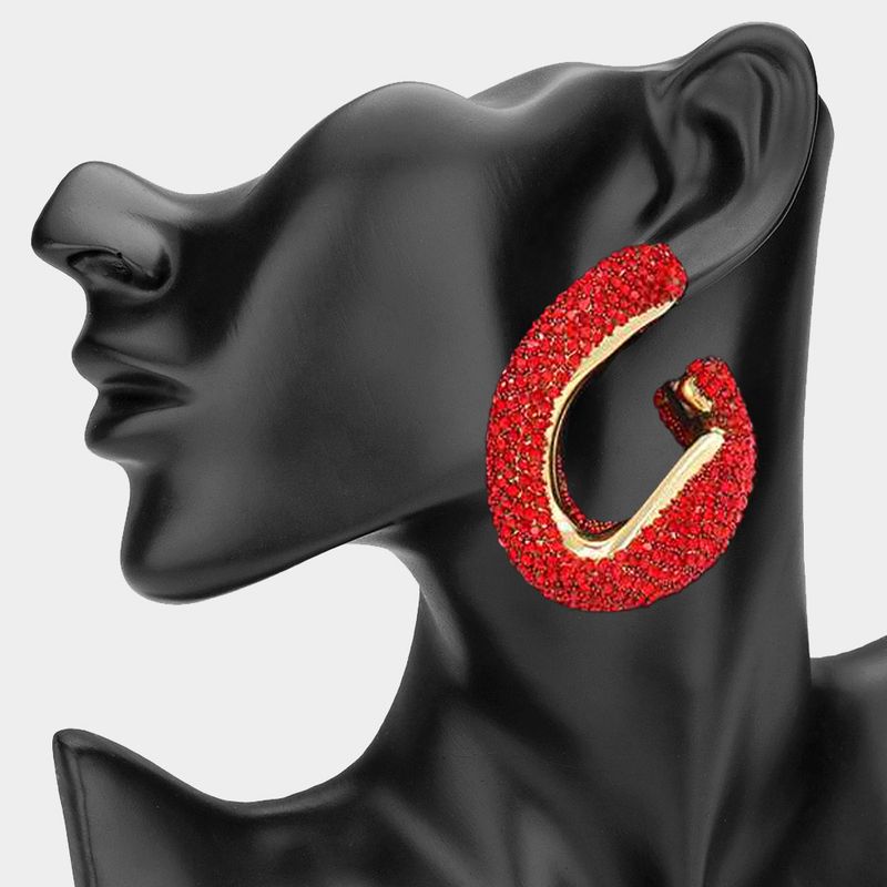 Red Oversized Rhinestone Studded Twisted Open Teardrop Evening Earrings