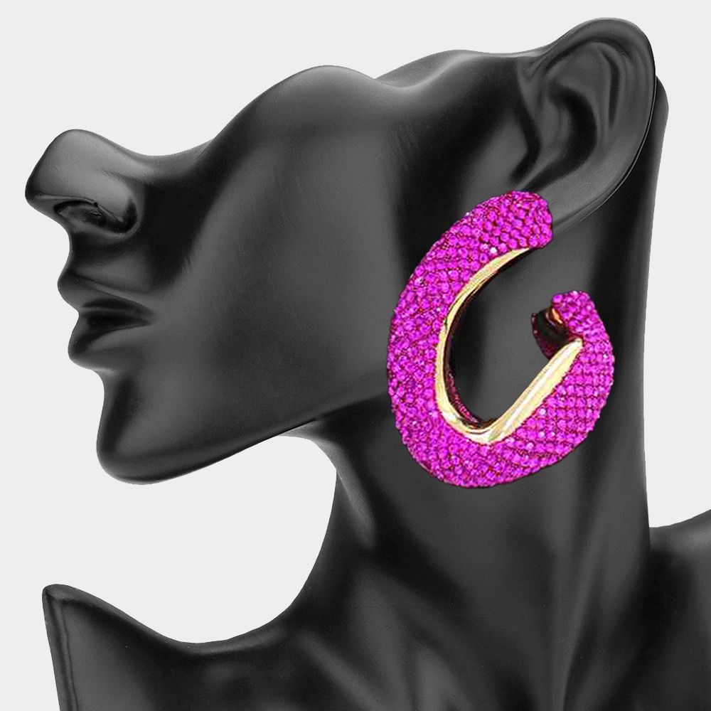 Pink Oversized Rhinestone Studded Twisted Open Teardrop Evening Earrings