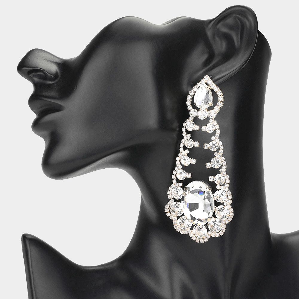 Oversized Oval Teardrop Rhinestone Chandelier Evening Earrings