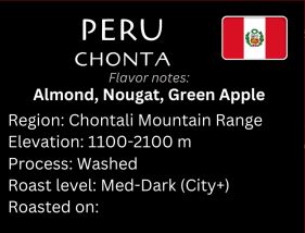 Peru Chonta, Bourbon, Caturra, Typica, Pache; Washed SHB
