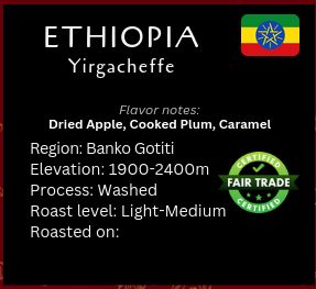Ethiopia Yirgacheffe, Banko Gotiti, Heirloom Varieties, Organic; Washed
