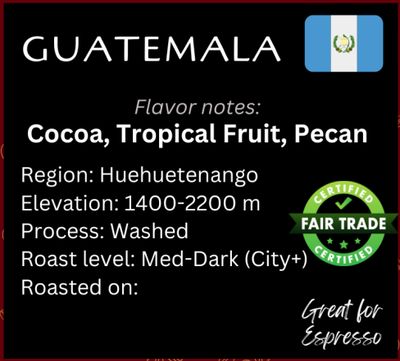 Guatemala, Huehuetenango, Bourbon, Catimor, Caturra, Maragogype, Pache; Washed