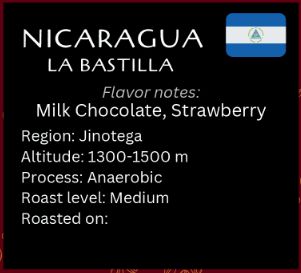 Nicaragua, La Bastilla; Caturra, Red & Yellow Caturri, Parainema , Java, SL28, Geisha; Anaerobic