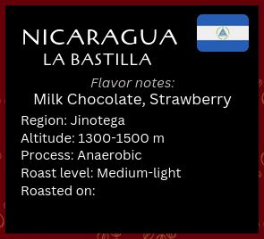 Nicaragua, La Bastilla; Caturra, Red & Yellow Caturri, Parainema , Java, SL28, Geisha; Anaerobic