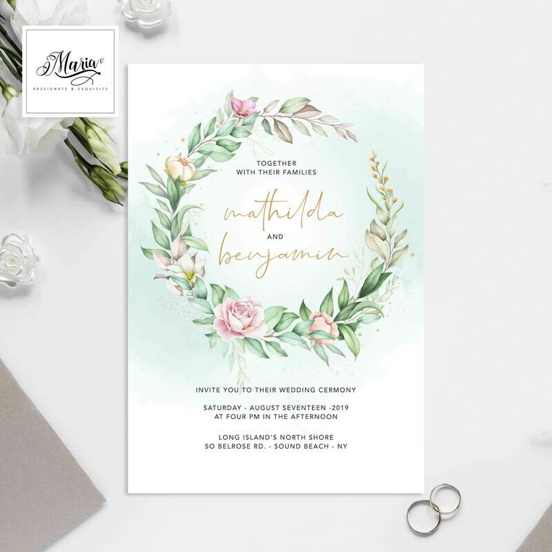 Watercolor Greenery Wedding Invitation Set of 10