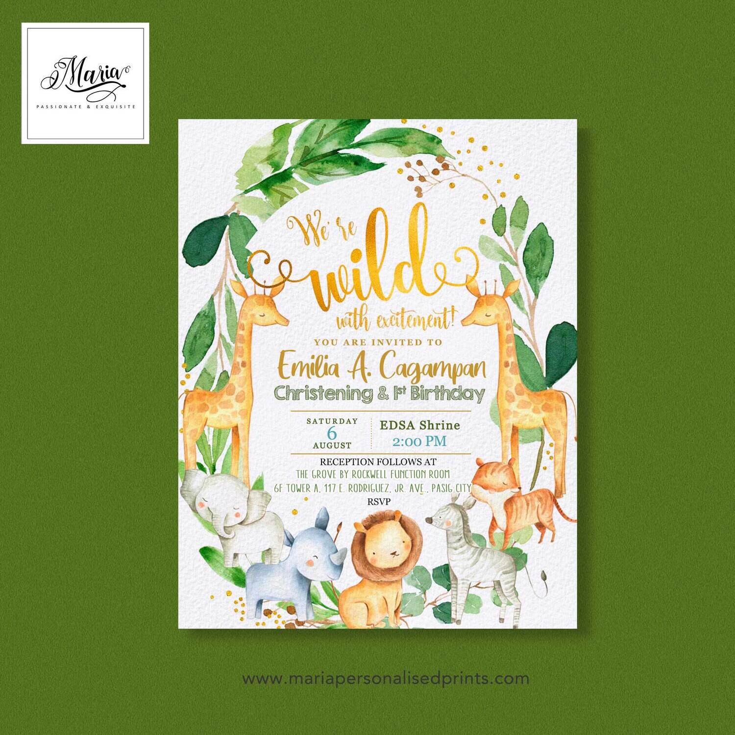 Wild Safari Christening Invitation Set of 14