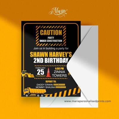 Construction Birthday Invitation Cards Set of 14