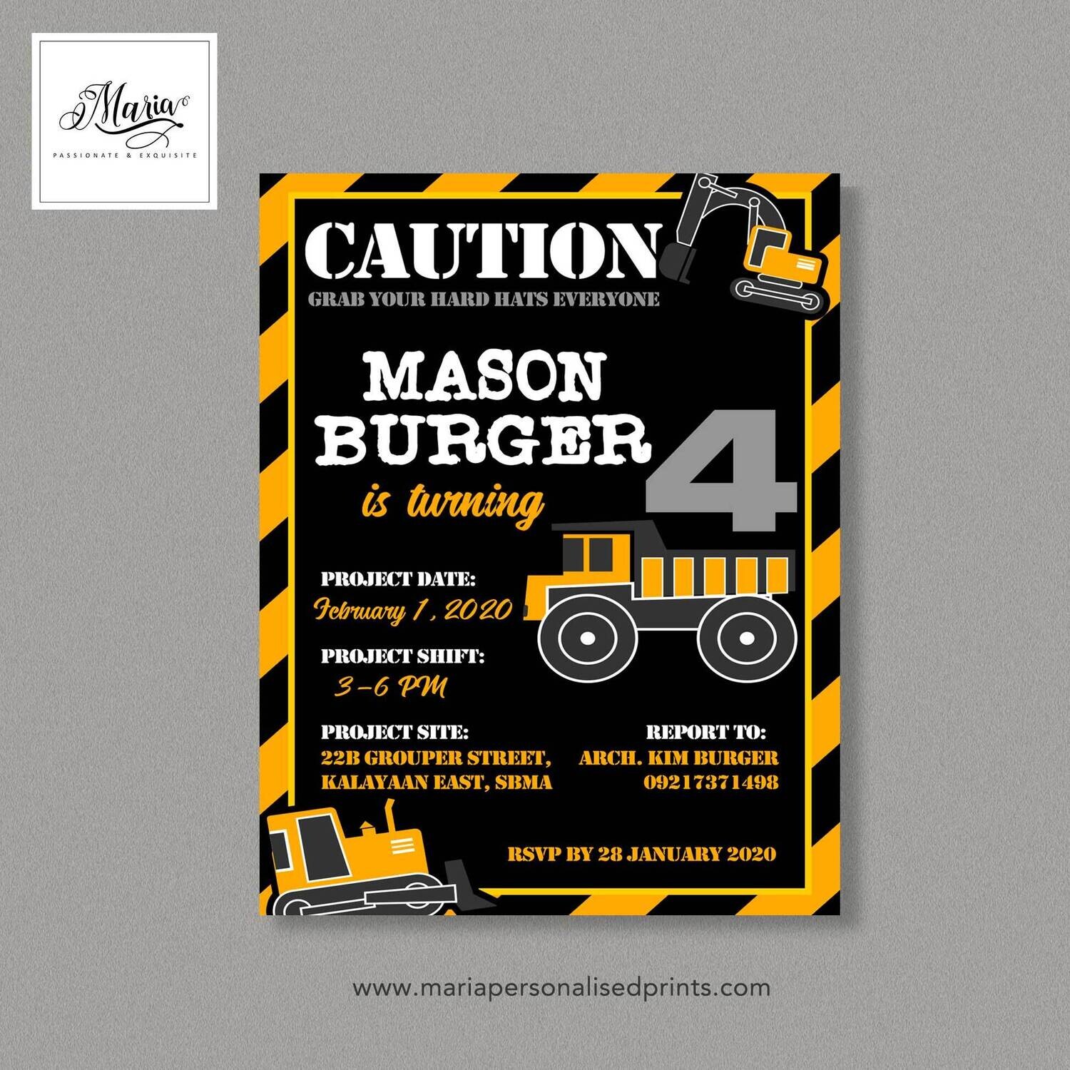 Construction Birthday Invitation Cards Set of 14