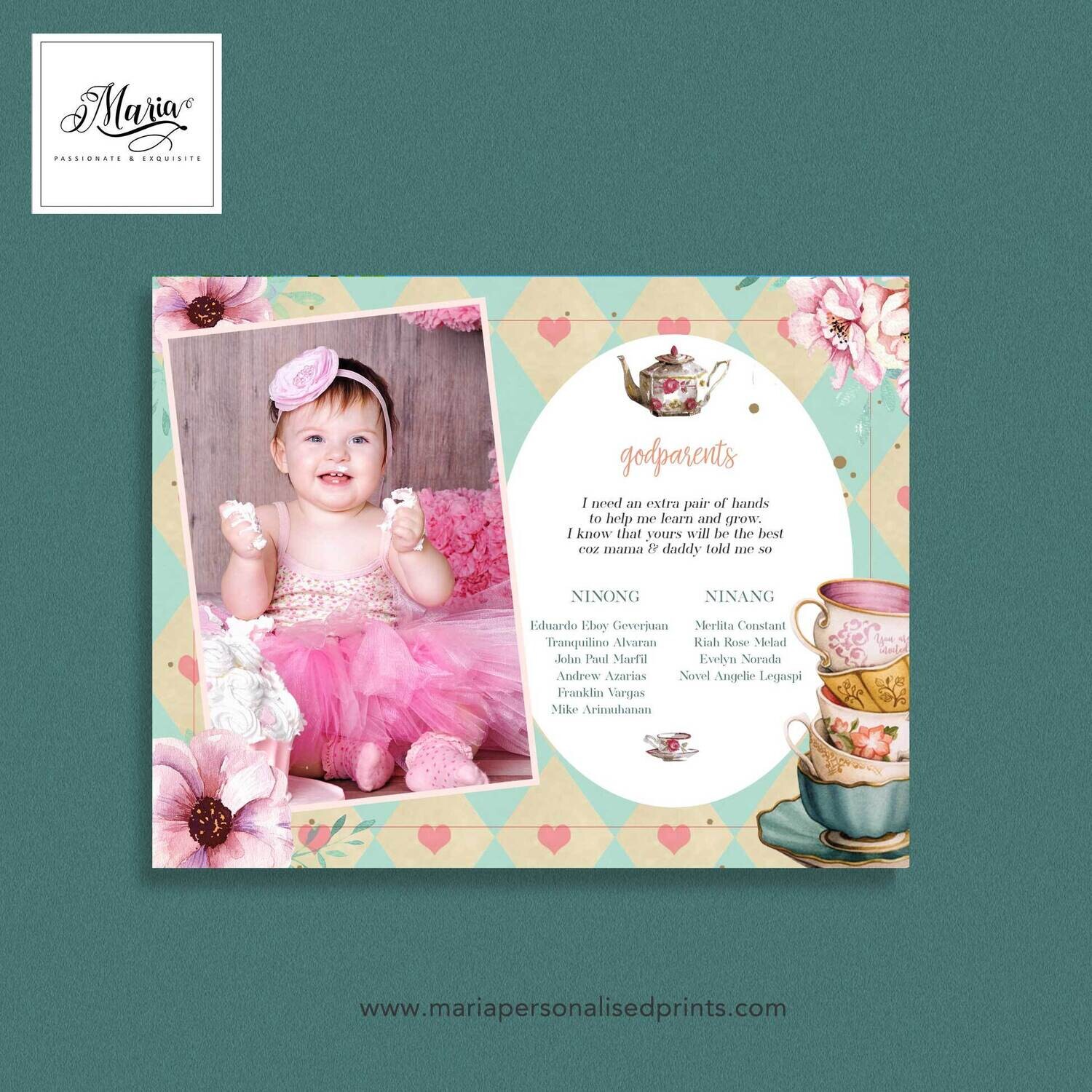 Tea Party Christening Invitation Card Set of 14