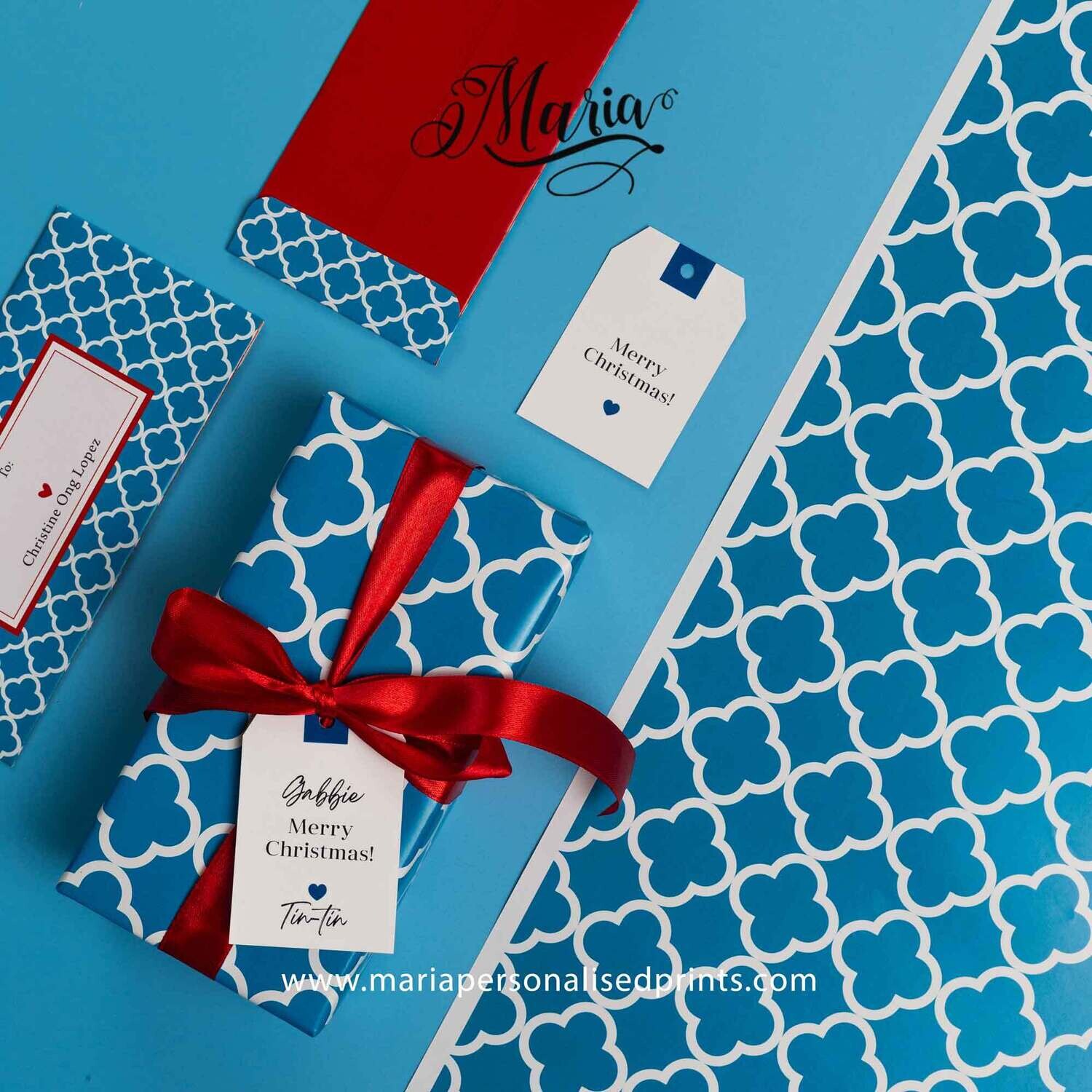 12 Pcs Gift Wrappers with Personalized Gift Tags in Blue &amp; White Pattern
