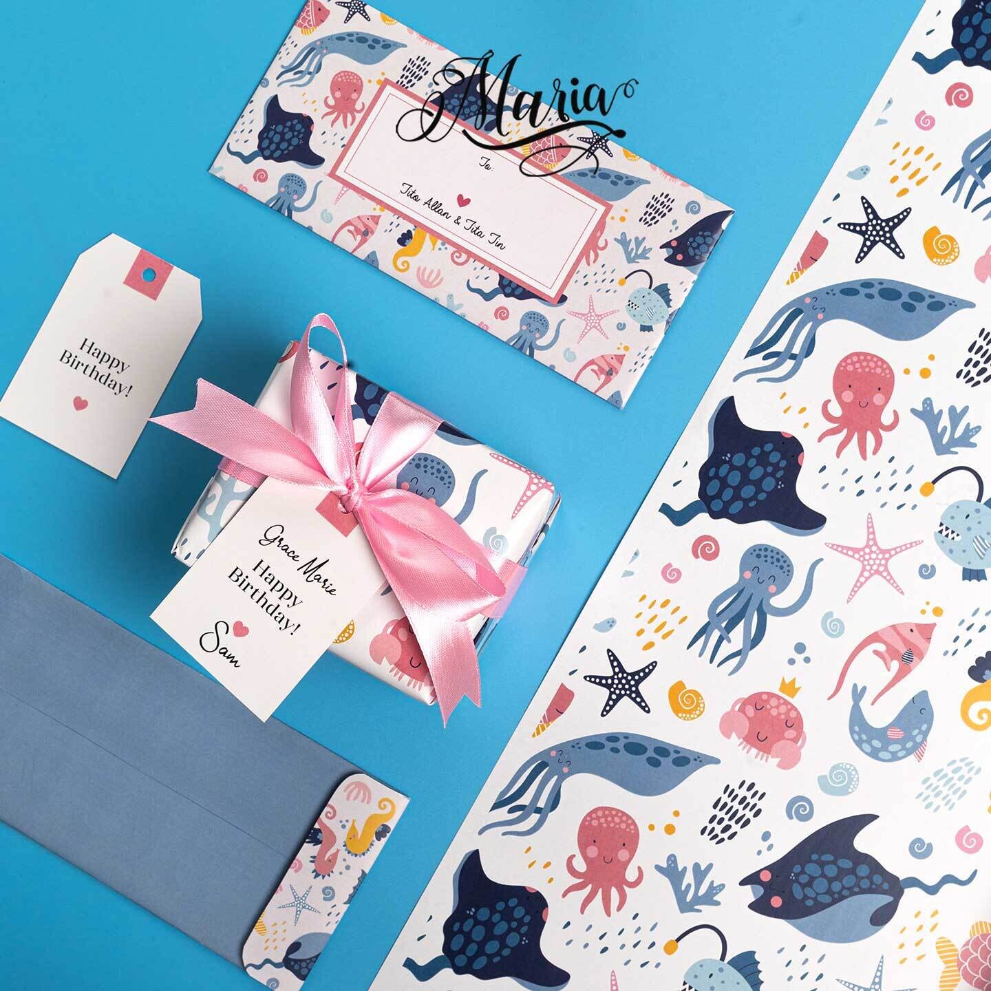 12 Pcs Gift Wrappers with Personalized Gift Tags GW007 Under The Sea