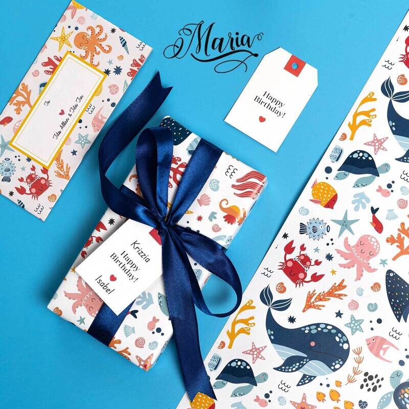 12 Pcs Gift Wrappers with Personalized Gift Tags GW006 Under The Sea