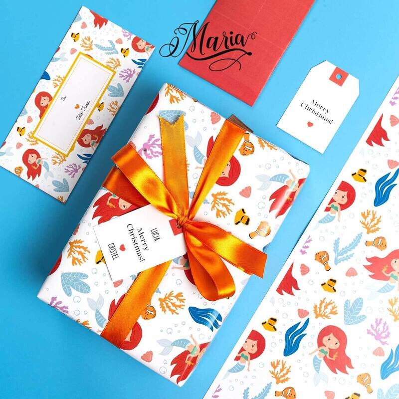 12 Pcs Gift Wrappers with Personalized Gift Tags GW005 Orange Mermaid