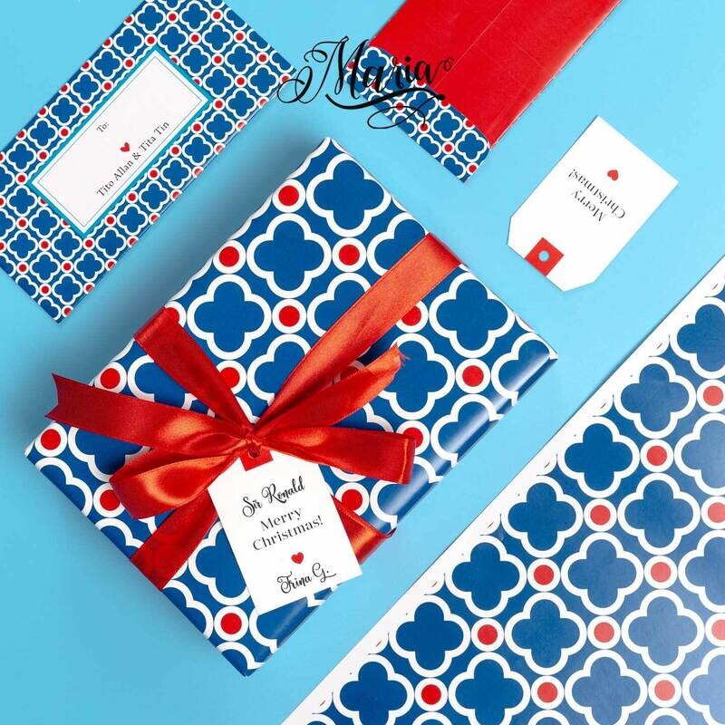 12 Pcs Gift Wrappers with Personalized Tags GW009 Red &amp; Blue Pattern