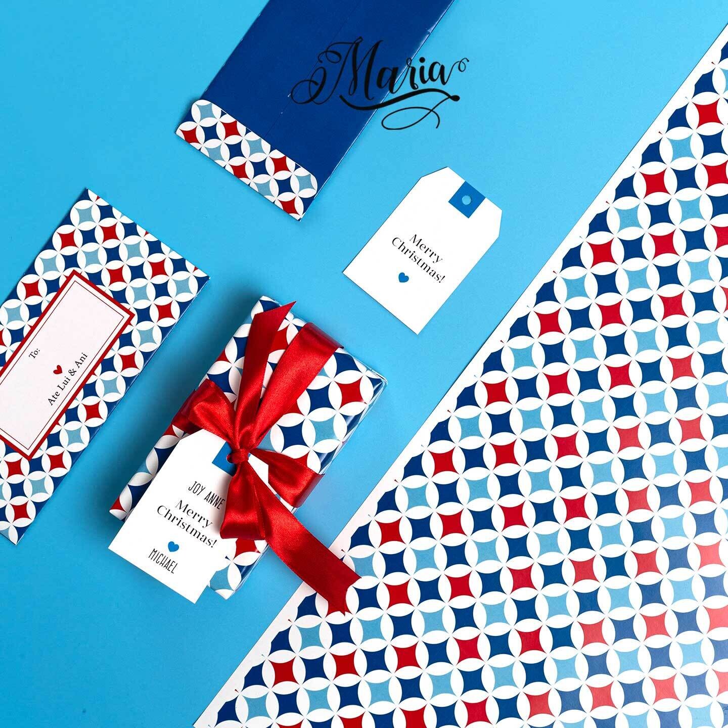 12 Pcs Gift Wrappers with Personalized Gift Tags GW008 Blue &amp; Red Pattern