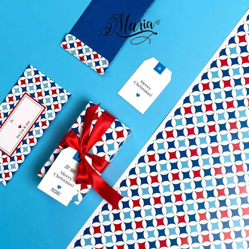 12 Pcs Gift Wrappers with Personalized Gift Tags GW008 Blue &amp; Red Pattern