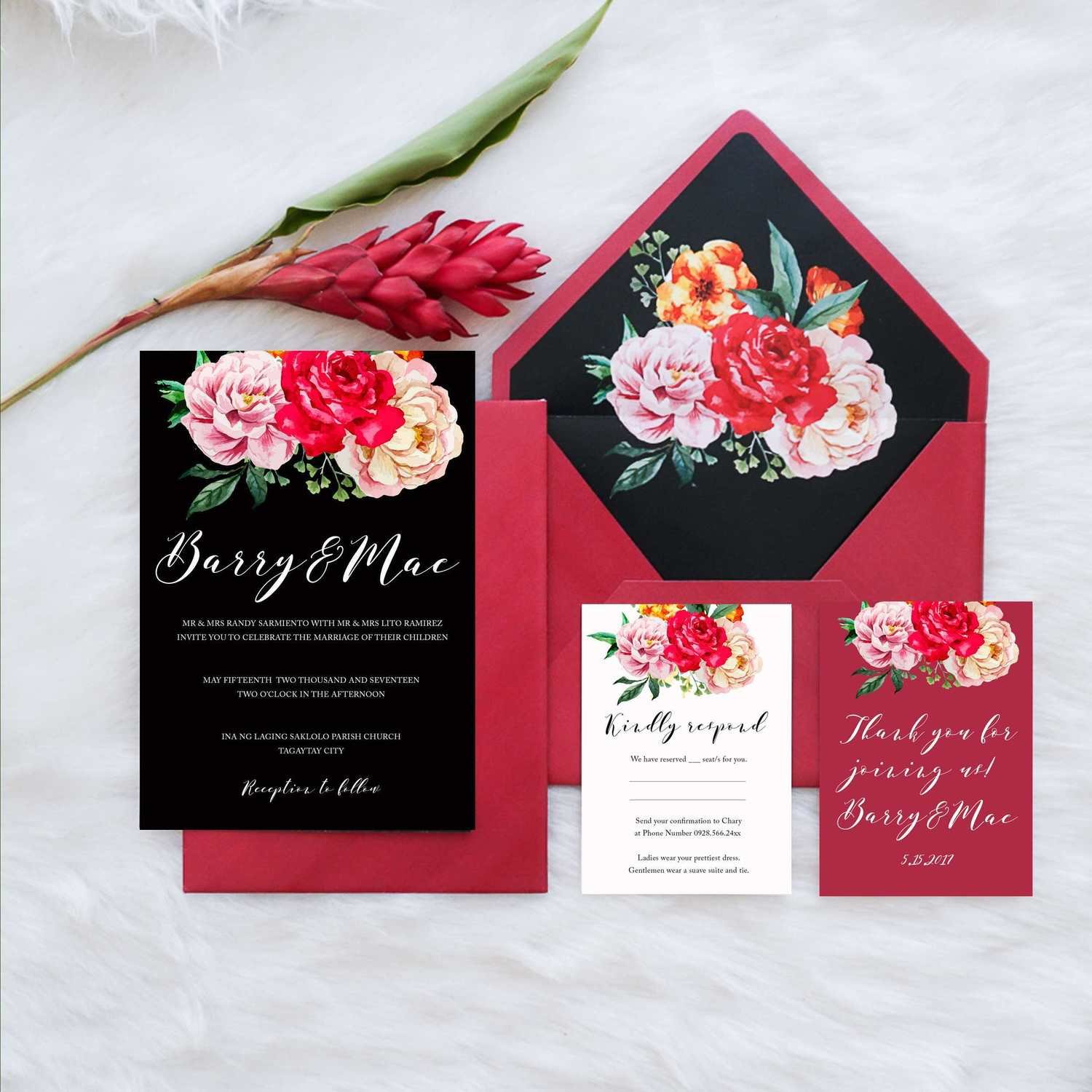 Floral Wedding Invitation Set of 10