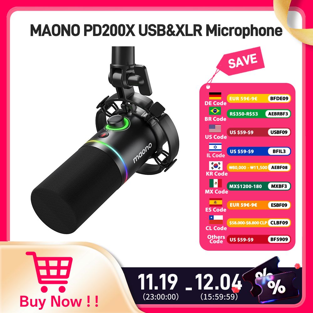 Maono XLR\USB Dynamic Microphone For Gaming Recording Streaming Youtube Metal Mic With Software Tap-to-Mute Gain Knob PD200X