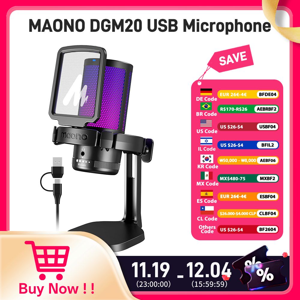 Maono DGM20 Gaming Microphone,USB Microphone Condenser Mic RGB Gaming Mic with Noise reduction software,Mic Gain,One Key Mute