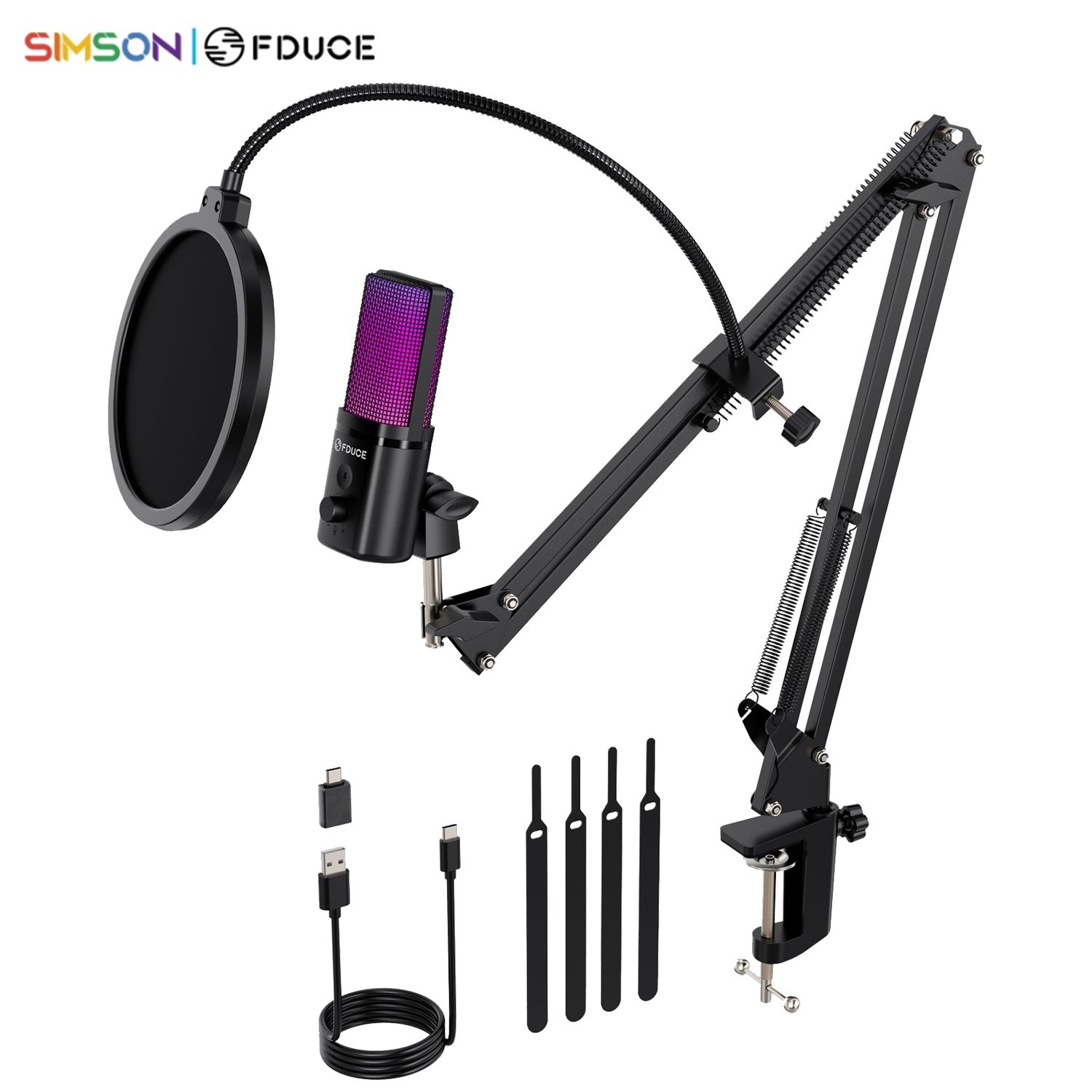 FDUCE M160-RGB USB Gaming Microphone with RGB Dynamic color,Touch Mute Button,Arm Stand or Tripod Shock Mount ,for PC PS5/4