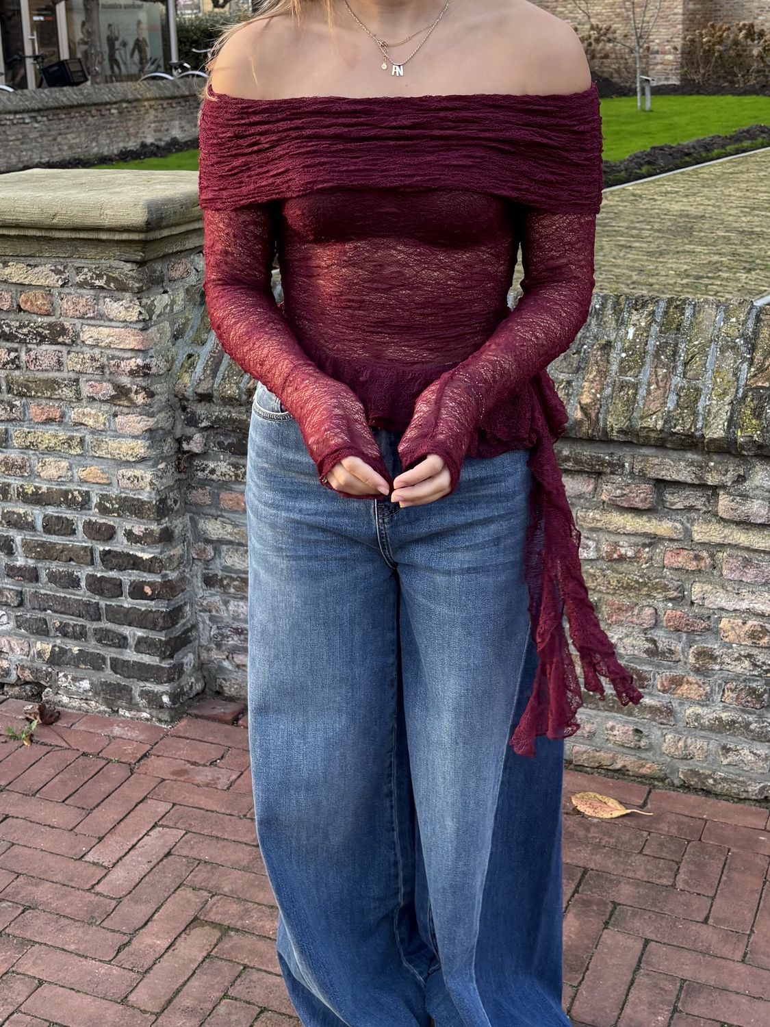 Soy off shoulder lace top, Color: Burgundy, Size: S/M