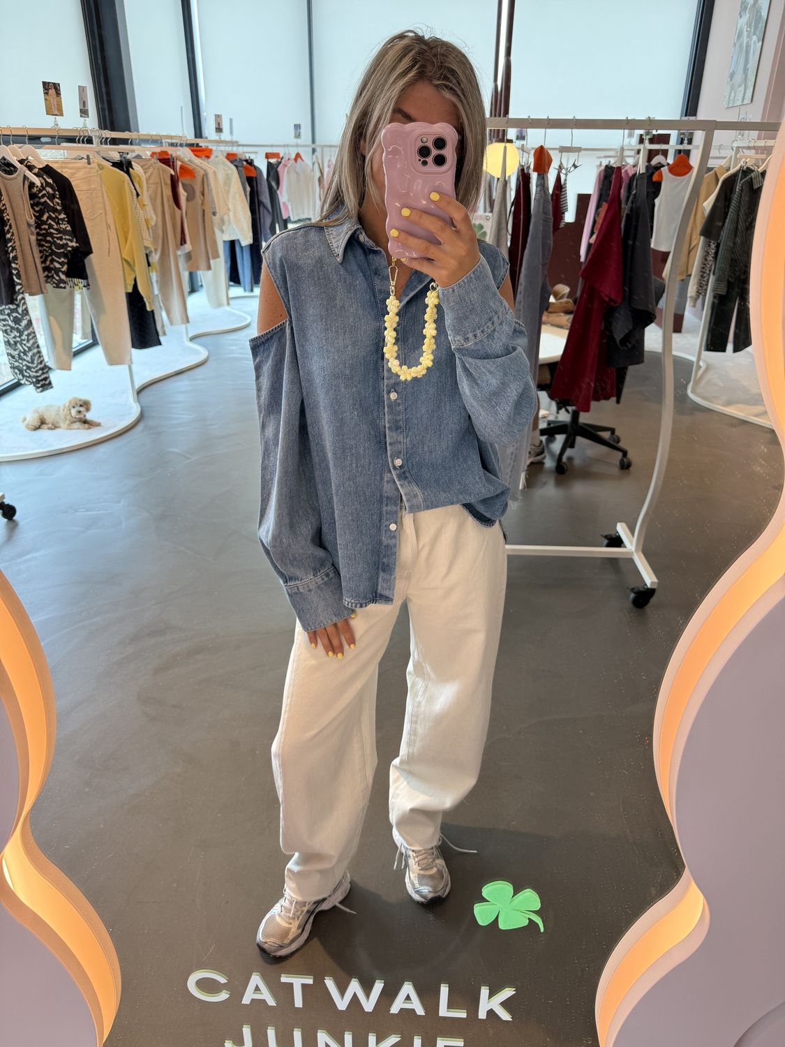 Open shoulder denim blouse