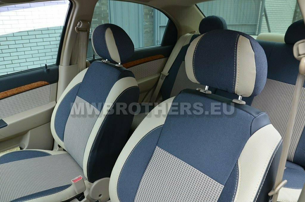 Comfort series with beige stitching and beige, blue textile and beige leather
