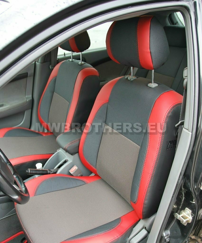 Comfort series with red stitching and brown textile and red leather