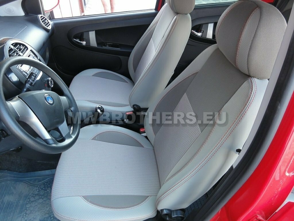 Comfort series with red stitching and gray textile and gray leather