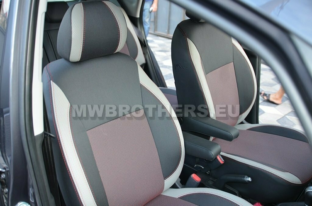 Comfort series with white leather and red textile and red stitching