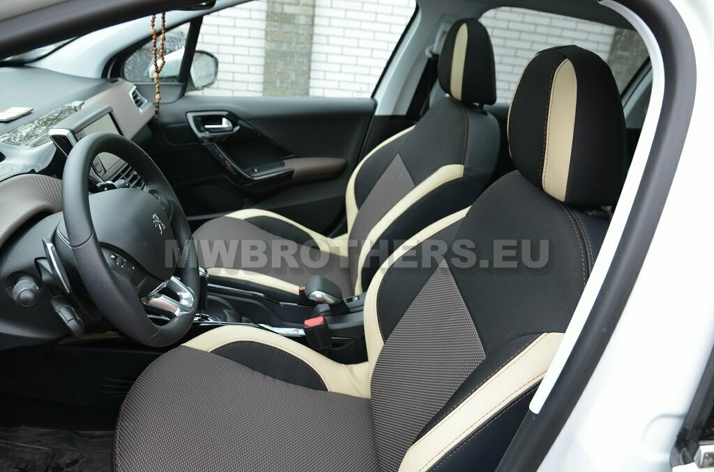 Comfort series with beige leather and brown textile and brown stitching