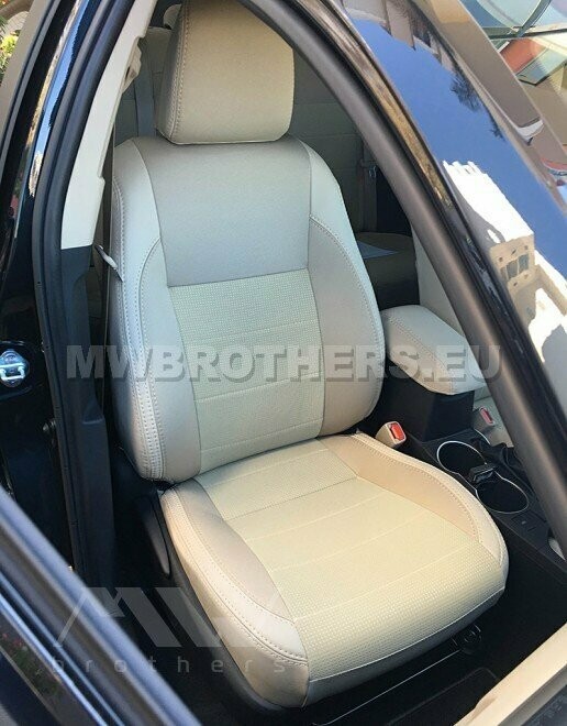 Comfort series with beige leather and beige textile and white stitching