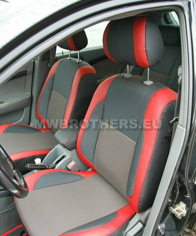 Comfort series with red stitching and brown textile and red leather