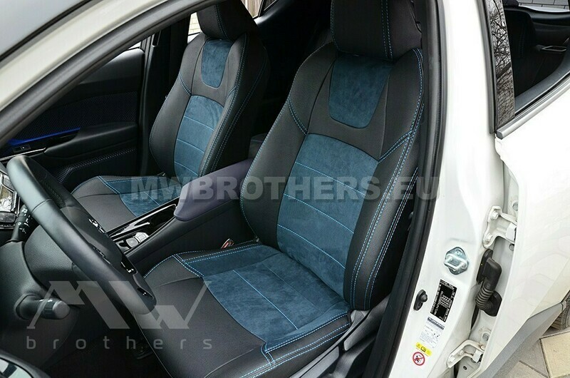 Leather series with blue stitching and blue alcantara