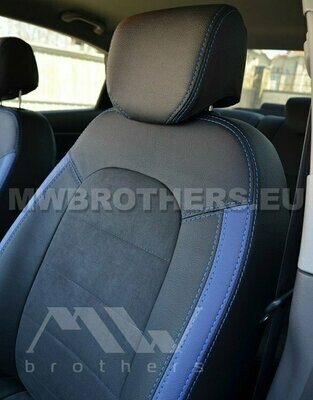 Leather series with blue inserts and blue stitching