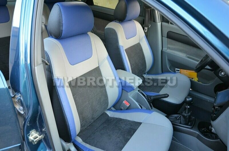 Leather series with white and blue includes and blue stitching