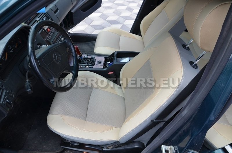 Comfort series with beige leather and beige and gray textile and beige stitching