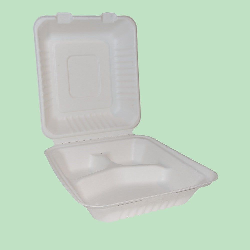 9" x 9" Bagasse Clamshell - 3 Section