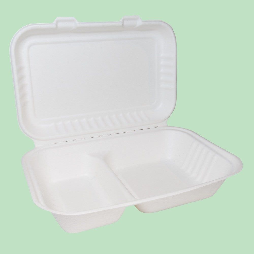 9" x 6" Bagasse Clamshell - 2 Compartment