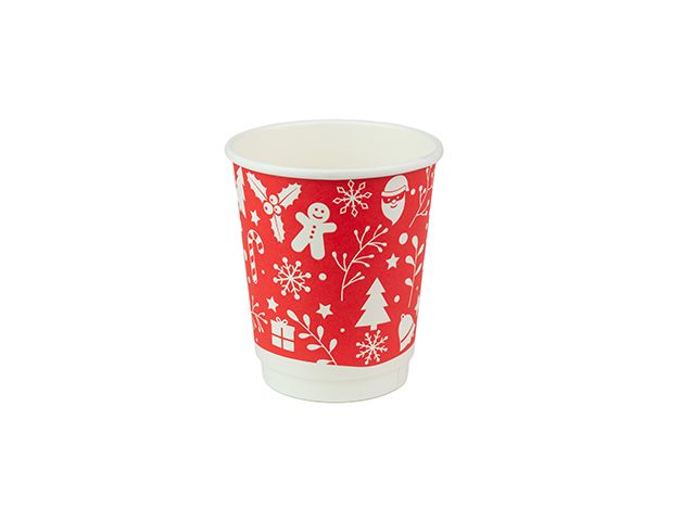 8oz Red Christmas Compostable Double Wall Paper Cup