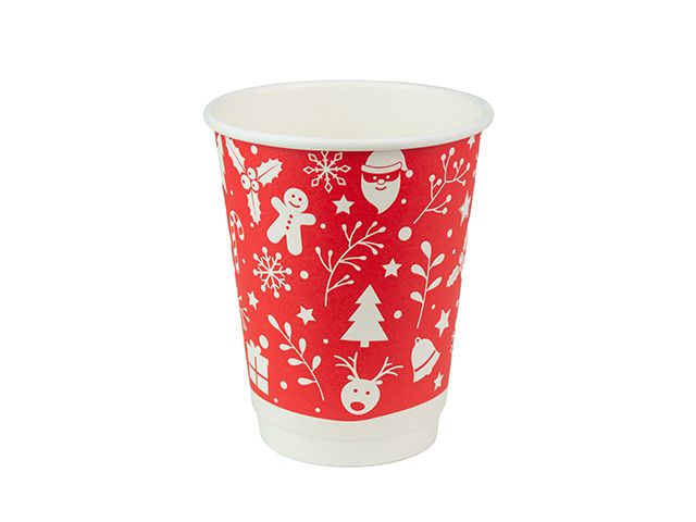 12oz Red Christmas Compostable Double Wall Paper Cup