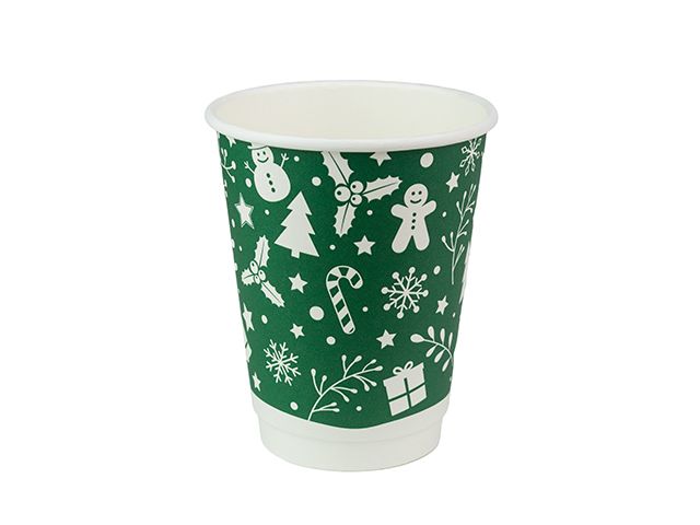 12oz Green Christmas Compostable Double Wall Paper Cup