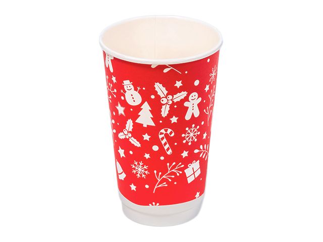 16oz Red Christmas Compostable Double Wall Paper Cup