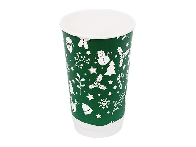 16oz Green Christmas Compostable Double Wall Paper Cup