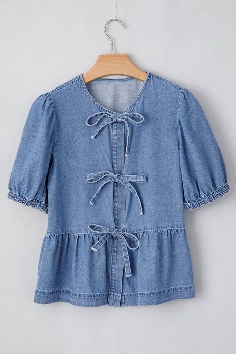 Denim Tie Front Bubble Sleeve Top