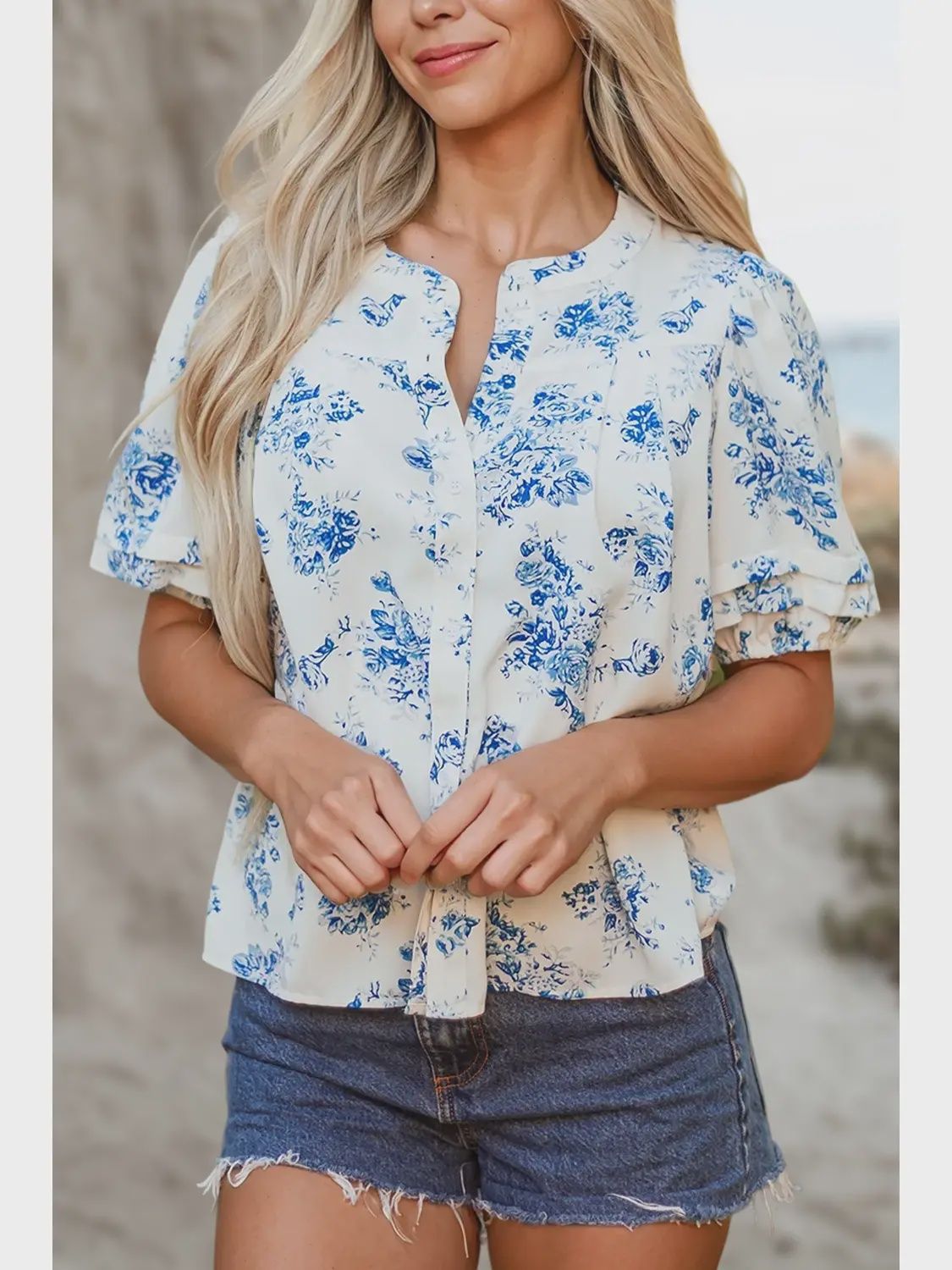 Boho Floral Pleated Puff Sleeve Shirt
