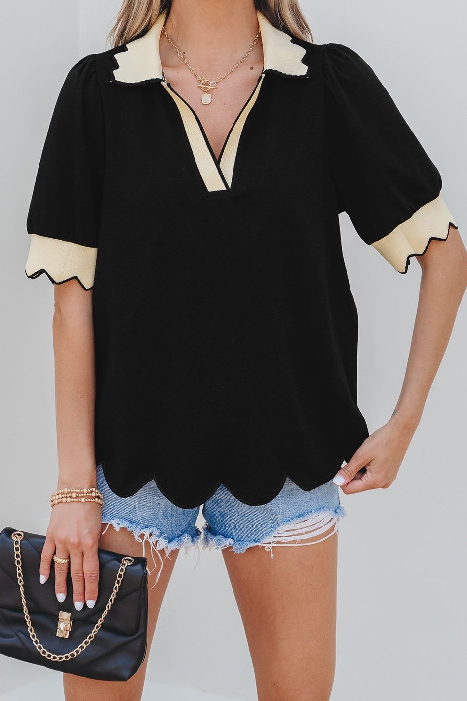 V-Neck Puff Sleeve Blouse with Scalloped Hem