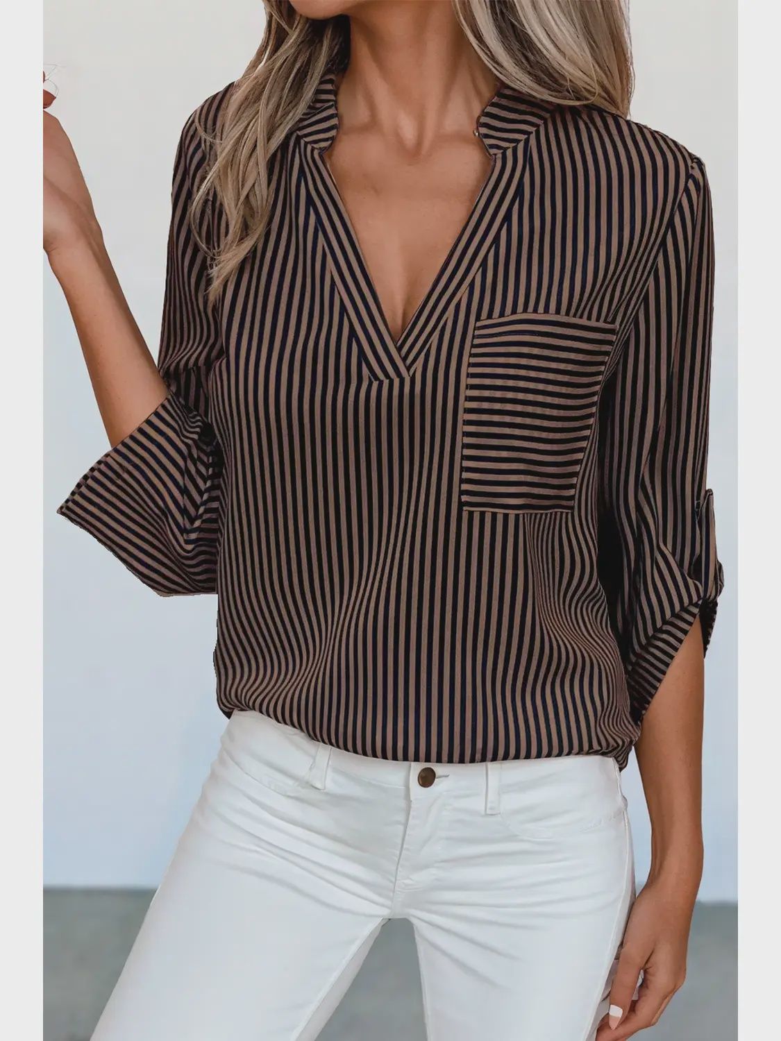 Striped V-Neck Shirt with Chest Pocket
