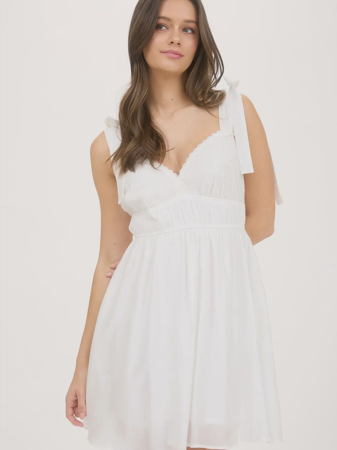White Eyelet Tie Strap Mini Dress